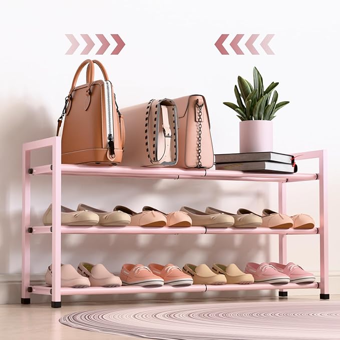 Bumusty 3-Tier Expandable Shoe Rack for Closet, 18“-33” Adjustable Shoe Rack for Small Space, Small Shoe Organizer for Front Door, Sturdy Metal, Pink