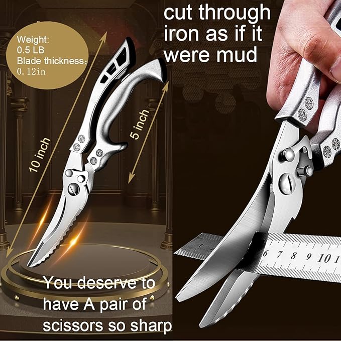 ANDONG Professional Heavy Duty Kitchen Scissors - Spring Loaded Ultra Sharp Stainless Steel Multipurpose Poultry & Cooking Shears for Bones, Meat, Chicken, Fish, Turkey, Vegetables,Dishwasher Safe
