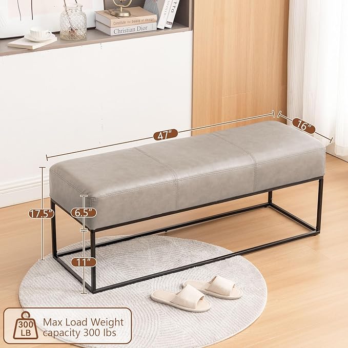 Entryway Bench for Bedroom End of Bed, Modern Ottoman with Faux Leather Upholstered Seating, Metal Frame Leather Bench for Bedroom Living Room Entryway [47'', Vintage Beige]