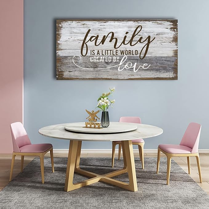 Family Is a Little World Created by Love Canvas Wall Art Rustic Letters Prints Retro Farmhouse Wooden Board Canvas Pictures Wall Decor Vintage Canvas Artwork for Living Room Decoration 20" x 40"