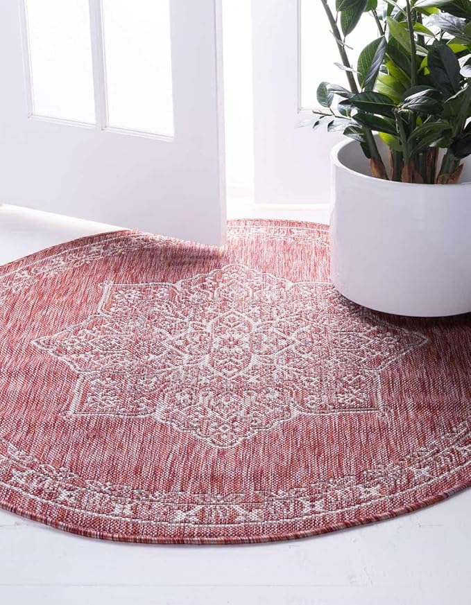 Unique Loom Outdoor Traditional Collection Area Rug - Antique (12' Round Rust Red/Ivory)