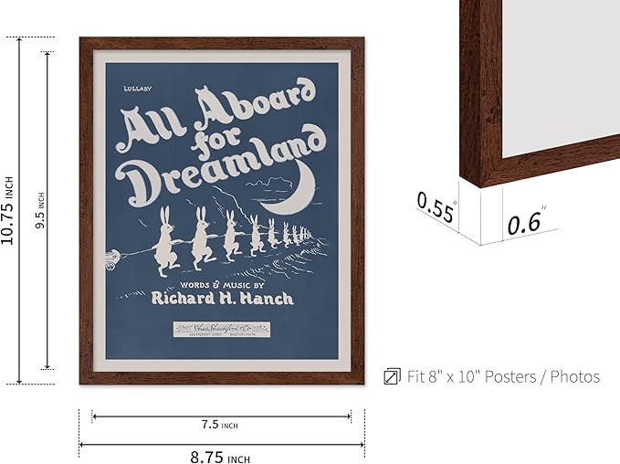 Poster Master All Aboard For Dreamland Poster - Retro Children's Lullaby Print - Story Book Art - Bunny Art - Rabbit Art - Aesthetic Art - Kid's Bedroom or Nursery Wall Decor, 8x10 Brown Framed