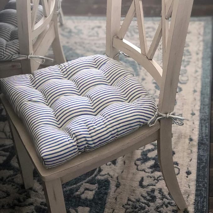 Barnett Home Decor Ticking Stripe Blue Dining Chair Pad with Ties - Medium Size 18 Chair Cushion - Latex Foam Fill - Machine Washable, Reversible, 100% Cotton, Made in USA (Navy)