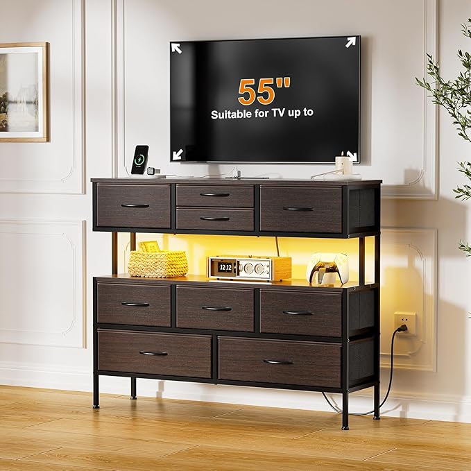 REAHOME Dresser TV Stand with Charging Station and LED Lights, 55” TV Stand Entertainment Center with 9 Drawers, Steel Frame, Large Storage Chest of Drawers for Bedroom, Living Room, Brown