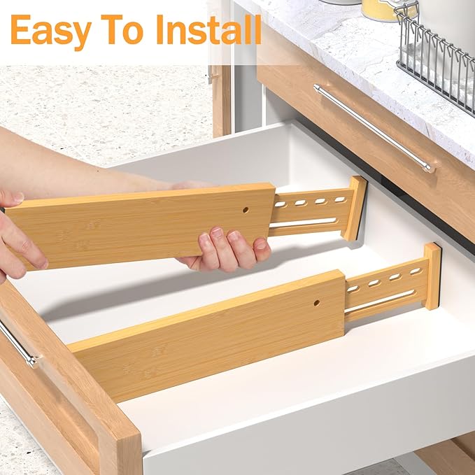 Bamboo Drawer Dividers 4" High, 16.5-22" Adjustable Drawer Organizers for Clothes,Expandable Dresser Separators in Bedroom/Kitchen/Bathroom/Office Organization and Storage,2 Pack