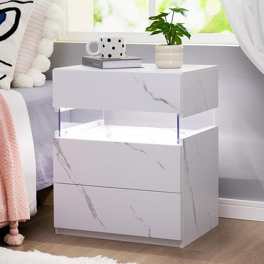 Bingoday Nightstand with LED Lights LED Bedside Tables LED Nightstand for Bedroom Modern Night Stand with 3 Drawers