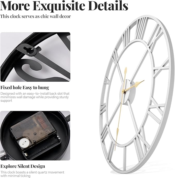 36 Inch Extra Large Wall Clock, Modern Silver Decorative Metal Wall Clocks for Living Room, Completely Silent Non Ticking Battery-Operated Roman Numeral Analog Round Clock