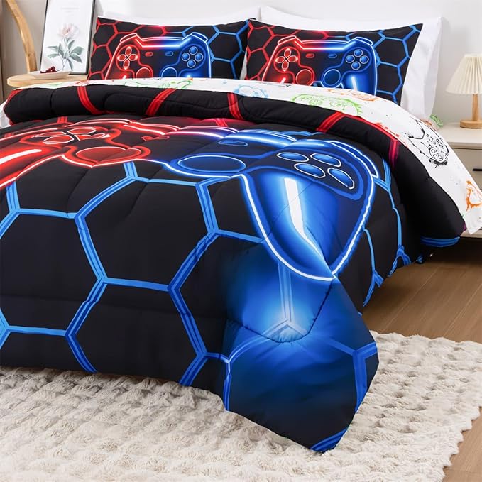 NTBED Game Console Comforter Set for Boys Girls Kids Geometric Lightweight Microfiber Bedding Sets (Red Blue, Full 5Pcs)