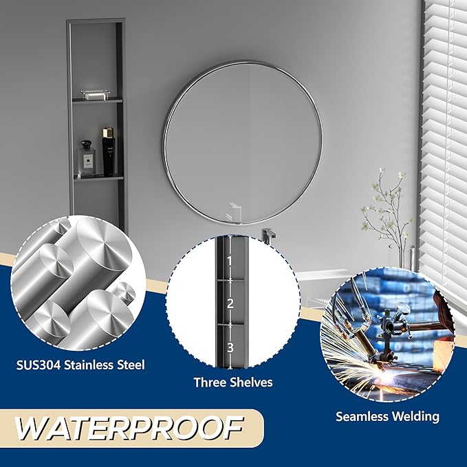 Stainless Steel Shower Niche 8" X 36", No Tile Needed Three-Tier Wall Niche, Recessed Shower Shelf for Bathroom Storage, Gun Metal