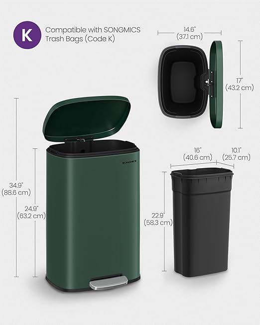 SONGMICS 13 Gallon (50 L) Trash Can, Stainless Steel Kitchen Garbage Can, Recycling or Waste Bin, Soft Close, Step-On Pedal, Removable Inner Bucket, Retro Green ULTB050C01