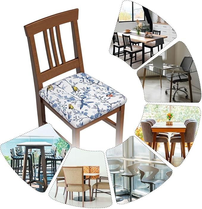 Seat Covers for Dining Room Chairsset of Set of 4, Floral Navy Blue Bird White Spring Flower Stretch Chair Seat Covers Cushion Slipcovers for Kitchen Office