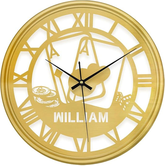 Personalized Name Metal Wall Clock, Custom Poker Cards Hanging Clock with 7 Color Changing, Iron Art Clock, Hanging Decor for Bedroom, Living Room, Home, Playroom, Game Room
