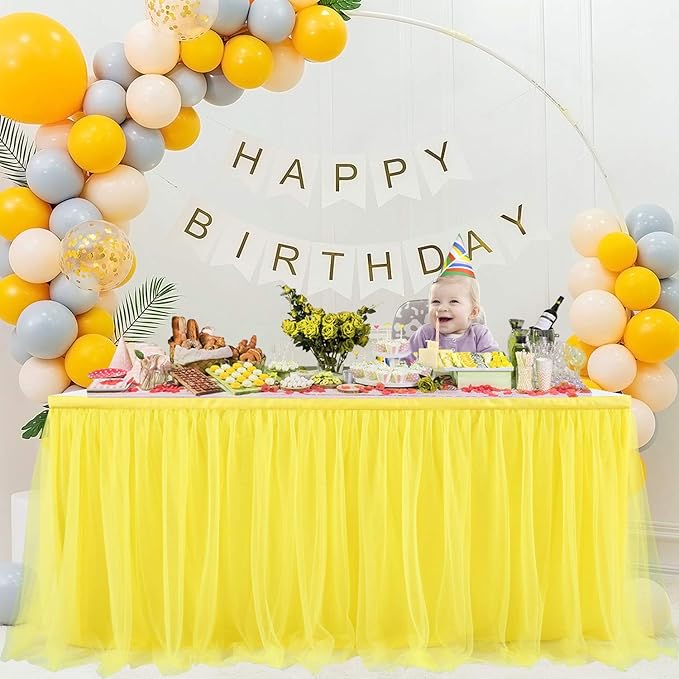 Suppromo Yellow Tulle Table Skirts for Rectangle Tables or Round Tables 9ft Tutu Table Skirts for Birthday Party Girls Boys Baby Shower Wedding Cake Dessert Decorations