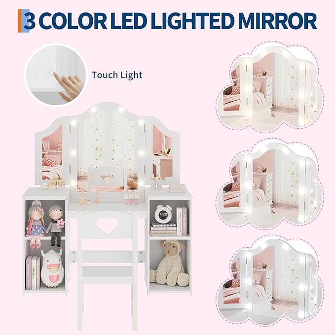 GarveeHome Kids Vanity with Lights Storage Cabinet & Touch Light Detachable Tri-Folding Mirror, 2 in 1 Toddler Vanity Table & Chair Set Wooden Girls Vanity Dress Table for Girls