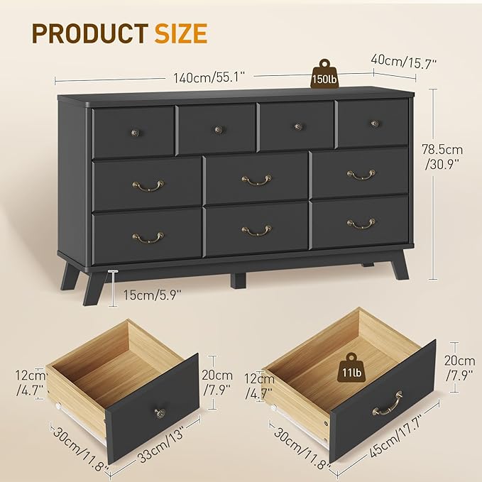 Black Dresser for Bedroom, Wooden 10 Drawer Dresser, 55.1" Wide Chest of Drawers with Vintage Metal Handle, Modern Dressers for Bedroom, Closet, Hallway, Living Room, Dressers TV Stand