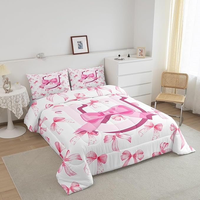 jejeloiu Kids Girls Cute Pink Bow Comforter Set Toddler Size Monogrammed Bedding Set Ultra Soft Personalized Initial U Duvet Quilt Coquette Bow Knot Quilt Set Room Decor Modern Fashion Comforter