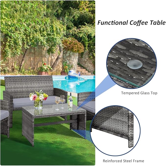 Tangkula 4 Pieces Patio Wicker Conversation Furniture Set, Patiojoy Sofa & Table Set w/4 Seats, Outdoor Rattan Sofa Set for Balcony Backyard, Wicker Chair Set with Tempered Glass Coffee Table
