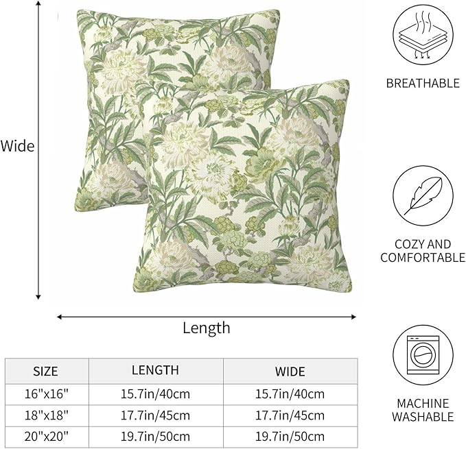 French Country Green Floral Throw Pillow Covers 18x18 Inch Set of 2 Spring Summer Chinoiserie Vintage Flower Pillow Case Farmhouse Decor Cushion Cover of Sofa Living Room Bedroom