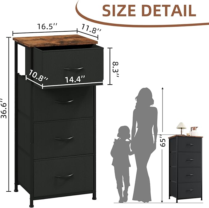 Somdot Tall Dresser for Bedroom with 4 Drawers, Storage Organizer Chest of Drawers with Removable Fabric Bins for Living Room Closet Bedside Nursery Laundry Entryway Hallway, Black Rustic Brown