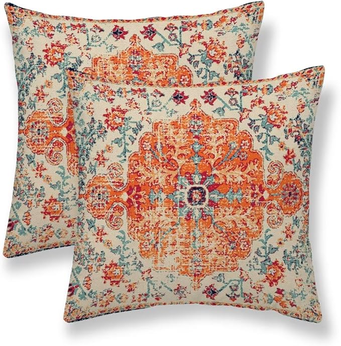 Boho Throw Pillow Covers 16 x 16 Set of 2, Orange Blue Carpet Pattern Pillow Covers Ethnic Design Rustic Farmhouse Cushion Cases Linen Decorative Gifts for Couch Sofa Indoor Outdoor