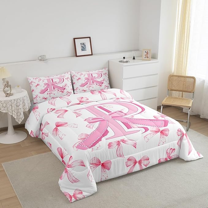 jejeloiu Kids Girls Cute Pink Bow Comforter Set Toddler Size Monogrammed Bedding Set Ultra Soft Personalized Initial P Duvet Quilt Coquette Bow Knot Quilt Set Room Decor Modern Fashion Comforter