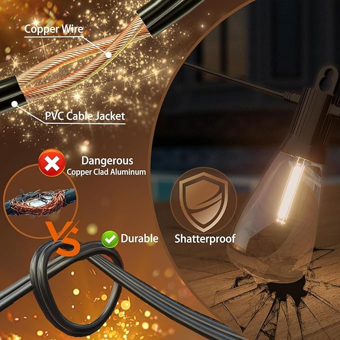 Outdoor String Lights 50 ft, LED Patio Lights with 27（25+2 Spare ST38 Shatterproof Bulbs, IP 65 Waterproof, Outside Hanging Light for Cafe Bistro Backyard