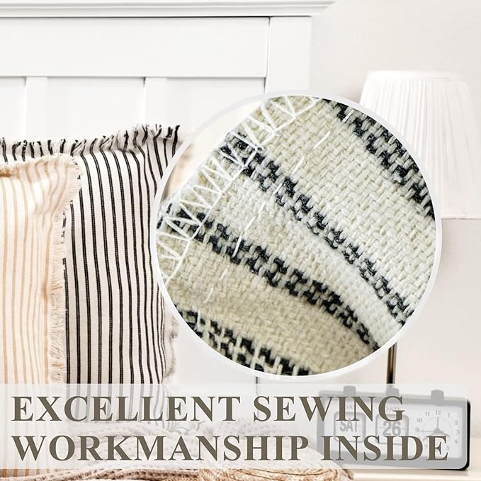 ZWJD Throw Fall Pillow Covers 24x24 Set of 2 Striped Pillow Covers with Fringe Chic Cotton Decorative Pillows Square Cushion Covers for Sofa Couch Bed Living Room Farmhouse Decor
