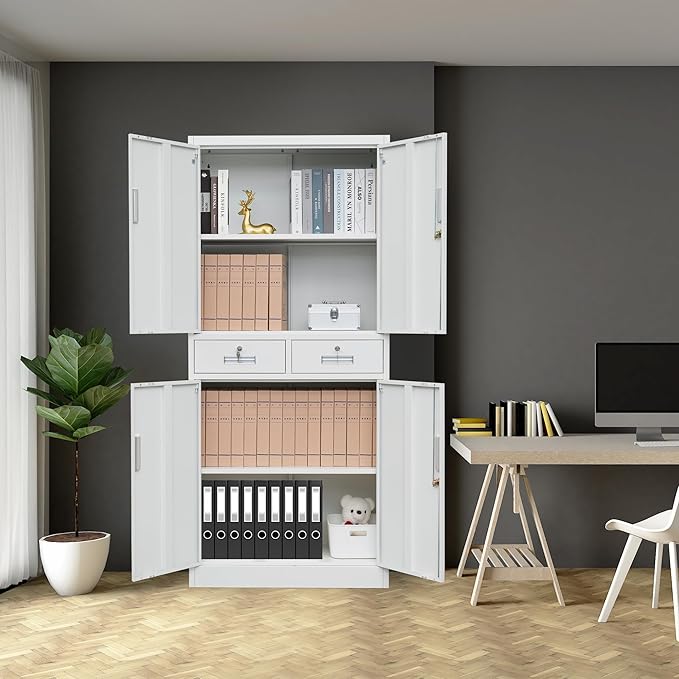 Metal Storage Cabinet, 71" H x 31.5" W x 15.8" D, Black, 4 Shelves, 2 Locking Drawers, Modern Style, Wall-Mounted, Home Office