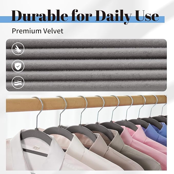 Smartor Grey Velvet Hangers 60 Pack, Space Saving Clothes Hangers with Tie Bar, Non-Slip Felt Hangers with Shoulder Notches, Heavy Duty Suit Hangers for Coat, Shirt, Pants, Dress
