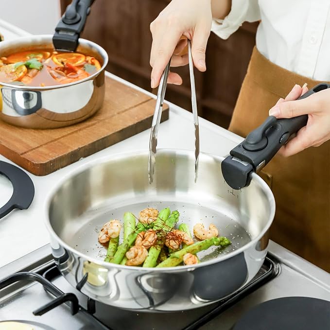 ROYDX 3-Ply Pots and Pans Set,18/10 Stainless Steel Cookware Set with Detachable Handles,PFOA Free, Frying Pan,Saucepans with Lid for All Stoves, Dishwasher and Oven Safe, Camping