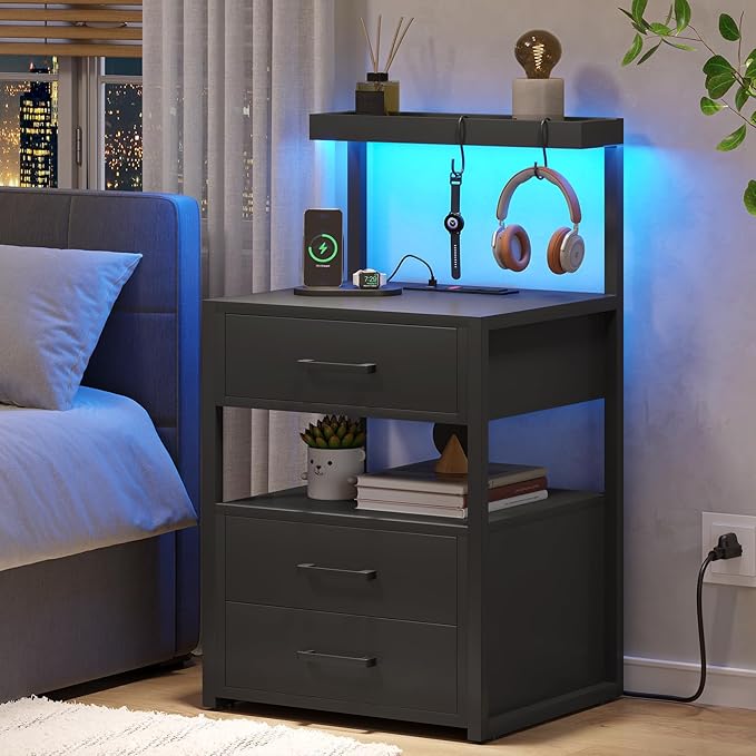 VIAGDO Nightstands Set of 2 with LED Lights, 3 Drawers Night Stands with Charging Station, Black Bedside Tables with Storage Shelves, Modern End Side Tables for Bedroom, Office