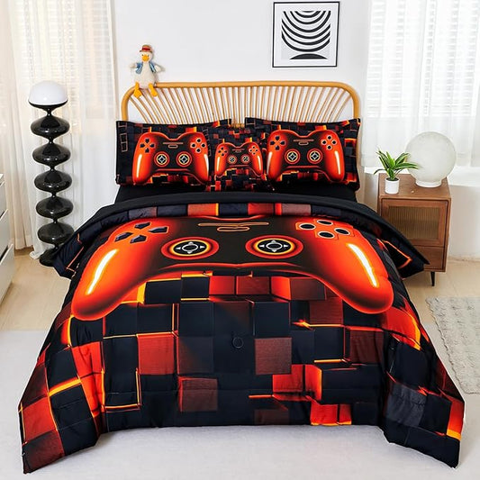 PERFEMET Full Bedding Sets for Boys 6 Pcs Orange Game Kids Bed in A Bag with Sheet Set Lightweight Soft 3D Cool Gaming Bed Set for Teens Bedroom(Orange, Full)