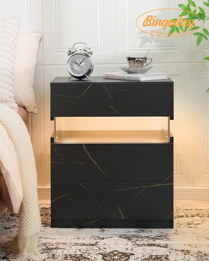 Bingoday LED Nightstands Set of 2 with 3 Drawers LED Bedside Tables Modern Night Stand with Acrylic Board Night Stand Set 2 for Bedroom