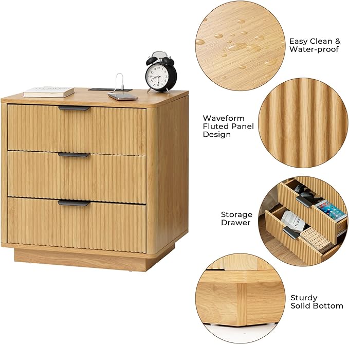 HOMMPA 24'' Fluted Nightstand with Charging Station, Modern Bedside Table with Storage, 3 Drawer End Table with Metal Handle, Wooden Bedside End Table for Bedroom, Living Room, Curved Profile Design