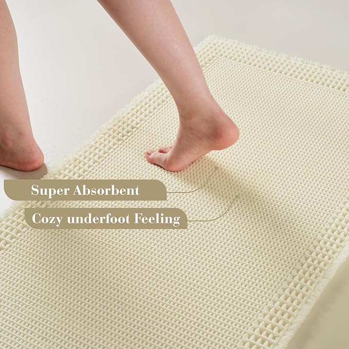 RESARE Waffle Bathroom Runner Rugs, Super Absorbent Bath Mat Non Slip Washable Quick Dry, Ultra Soft Quick Dry Boho Bath Rugs with Tassels for Hallway Bedroom Laundry Room, 2'x6'(24"x72") Cream