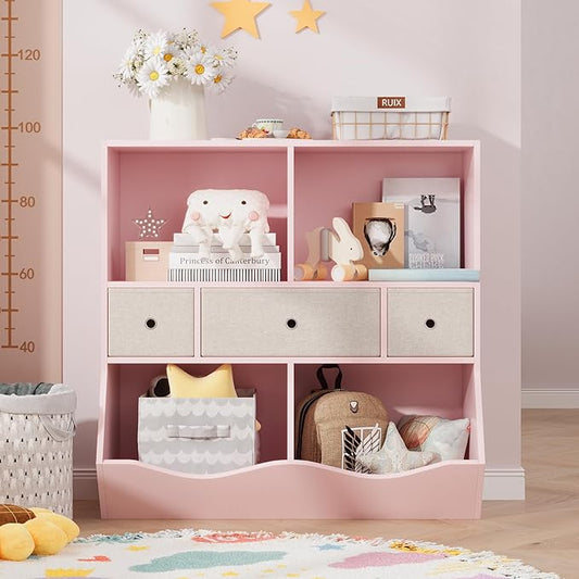 GAOMON 7-Cubby Large Kids Toy Storage Organizer, Children Wood Bookcase and Bookshelf, 3-Tier Toy Storage Cabinet with 3 Drawers for Hallway, Playroom, Living Room, School,Pink