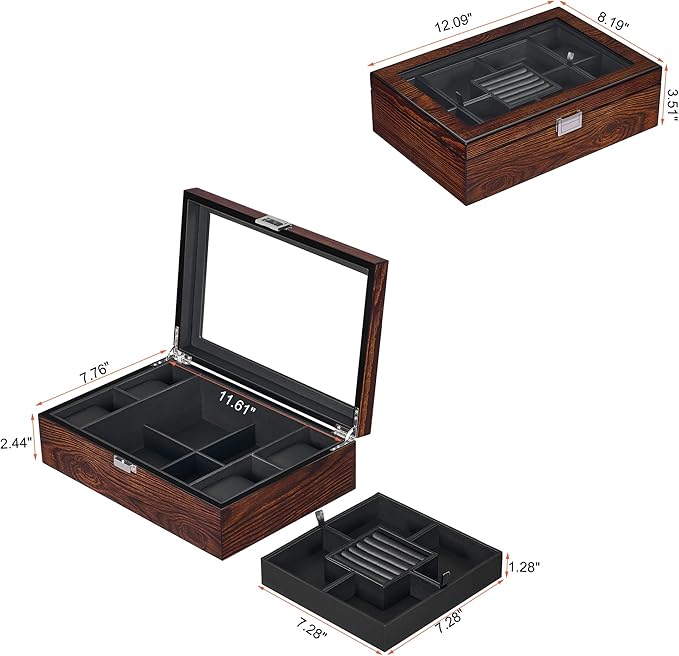 BEWISHOME Jewelry Box for Men, Mens Jewelry Box with Glass Top, Wooden Watch Box Organizer with Smooth Faux Leather Interior, Jewelry Display Case for Earrings Rings Bracelets Watches, Brown SSH07Y
