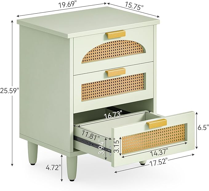 LITTLE TREE Rattan Nightstand Set of 2, Mint Green End Table with 3 Drawers for Couch, Wooden Bedside Table for Living Room, Bedroom, Easy Assembly