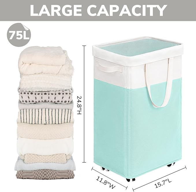 Goodpick Laundry Basket with Wheels, 75L Laundry Hamper with Wheels, Large Laundry Basket with Removable Wash Bag, Clothes Hamper for Laundry, Blue&White