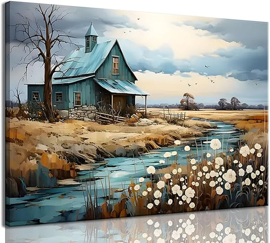 CYULWNNO Farmhouse Wall Art Barn Farm Landscape Painting Pictures Decor Blue Farm Nature Wildflower Rustic Scenery Canvas Prints Artwork Frame Living Room Bedroom Bathroom Wall Decor 16"x24"