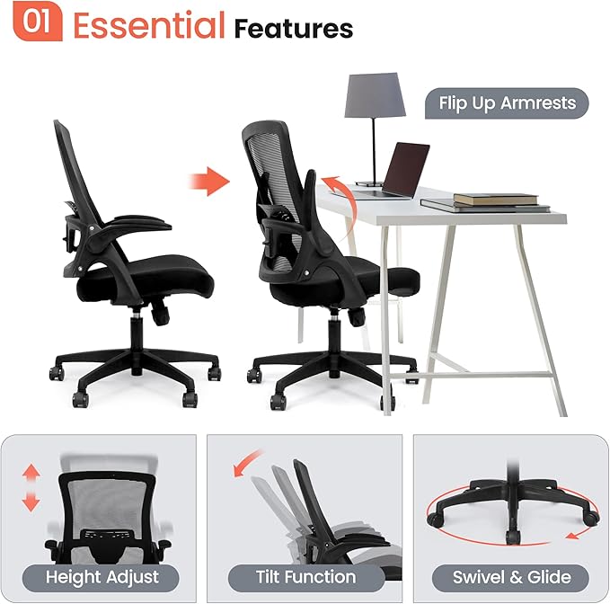 NEO CHAIR Office Desk Chair Computer High Back Mesh Gaming Seat with Ergonomic Adjustable Comfy Flip-up Armrests Lumbar Support Height for Home (Black)