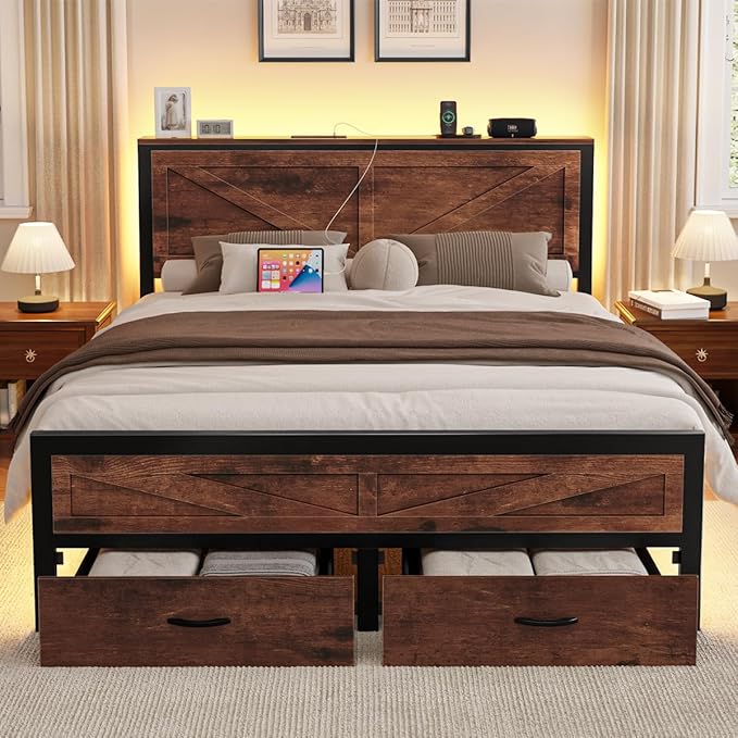 Rustic Queen Bed Frame with Storage Drawers and Barn Door Headboard, Farmhouse LED Bed Frame Queen Size with Charging Station, Metal Industrial Platform Bed Frames, No Box Spring Needed, Brown