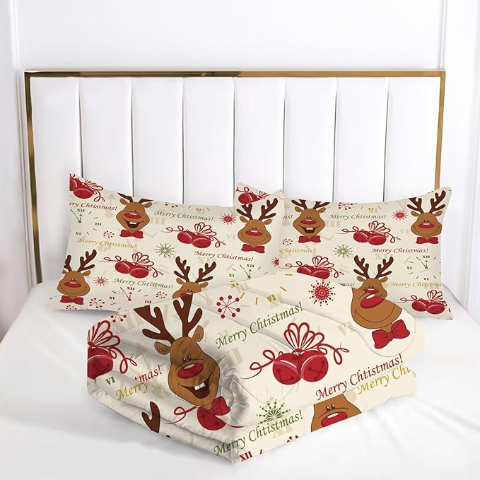 Christmas Comforter Set Full/Queen for Boys Girls, Cartoon Merry Christmas Reindeer Print Bedding Set, Christmas Decorations Cute Beige Xmas Bed Set with 1 Comforter and 2 Pillowcases