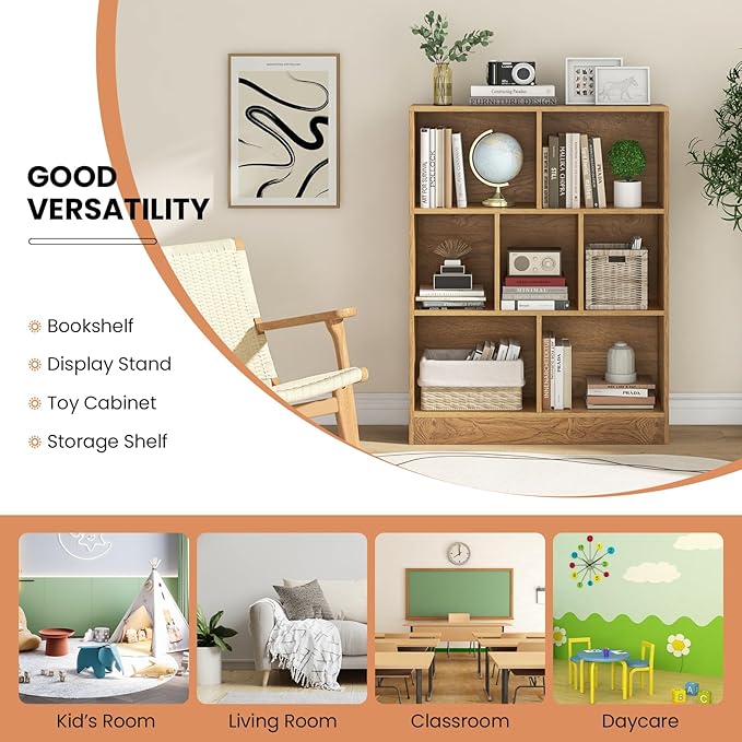 Costzon Wooden Toy Storage Organizer, 7-Cube Kids Bookshelf w/ 2 Anti-Toppling Kits, 3 Tier Open Shelves & Non-Slip Foot Pads, Book Shelf for Kids Rooms, Playroom, Classroom, Nursery (Natural)