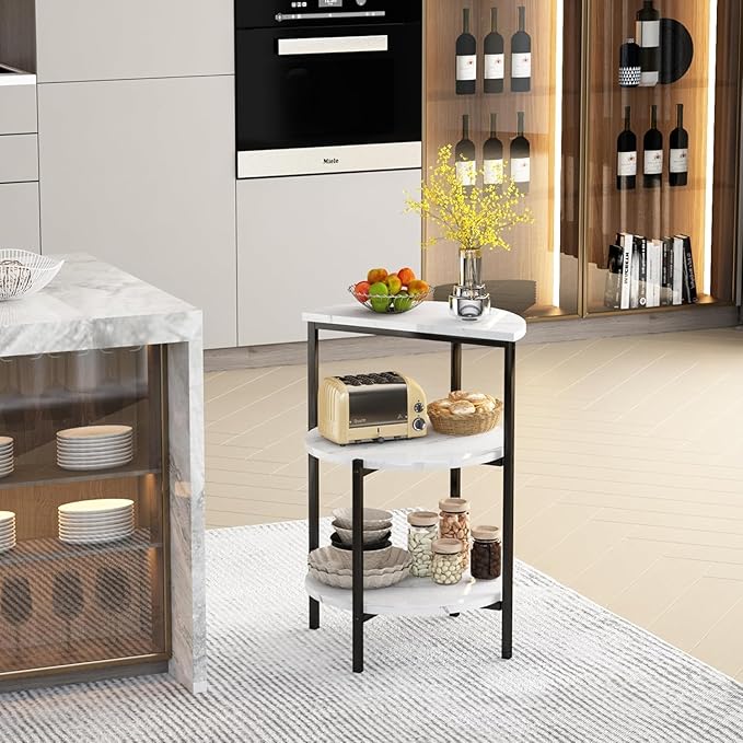 AWQM Marble End Table, 3-Tier Sofa Side Table, Small Round Bedside Table, Corner Table w/Metal Frame for Living Room Bedroom, White+Black