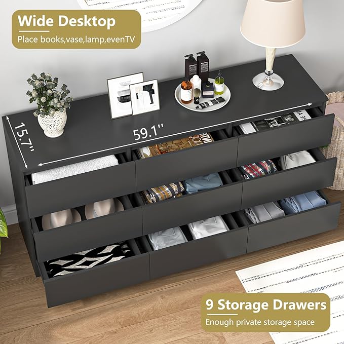 Black Dresser for Bedroom, Modern Long 9 Drawer Dresser with Deep Drawer, Wide Wood Storage Chest of Drawer for Living Room