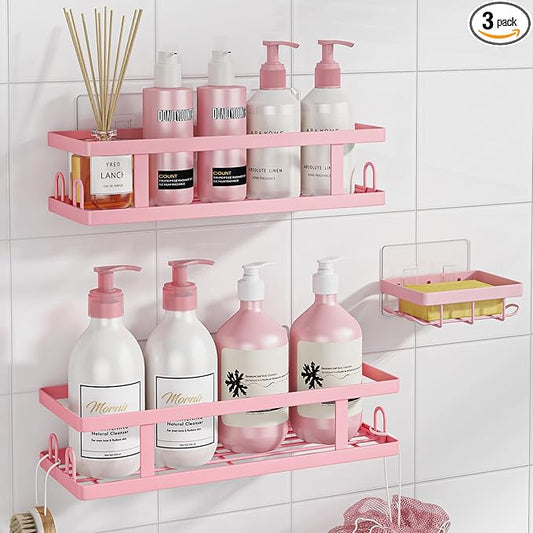 Adhesive Shower Caddy,Shower Shelves with Soap Holder and 12 Hooks,Rustproof No Drilling Bathroom Organizer and Storage,Pink,3 Pack