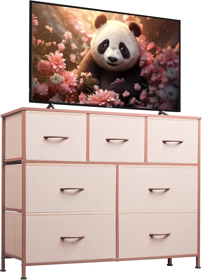 WLIVE 7 Drawer Dresser TV Stand, Entertainment Center, Media Console Table with Metal Frame and Wood Top for TV up to 45 inch, Chest of Drawers for Bedroom, Living Room, Pink