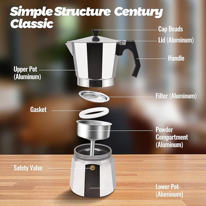 3 Cup Aluminum Moka Pot Classic Stovetop Espresso Coffee Maker 150ml 5oz Coffeemaker Percolator Mocha Pot Greca Coffee Maker Cafe Makers for Italian and Cuban Café Brewing Silver