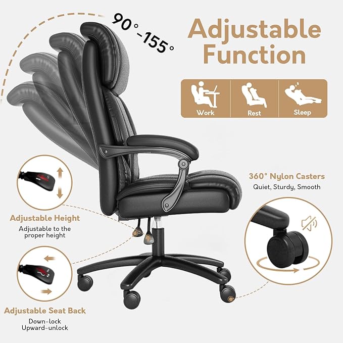 Reclining Office Chair,Recling 90-155°,Ergonomic Office Chair with Lumbar Suppot,Big and Tall Leather Desk Chair,High Back Executive Chair(Black)